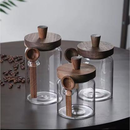 Oppbevaringskrukke i glass med trelokk og skje – 400 ml / 600 ml / 900 ml